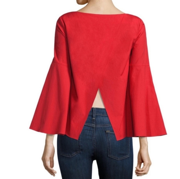 ALICE + OLIVIA BELL SLEEVE, SPLIT BACK BOAT NECK BLOUSE IN POPPY **NWT** (M) - Picture 2 of 3